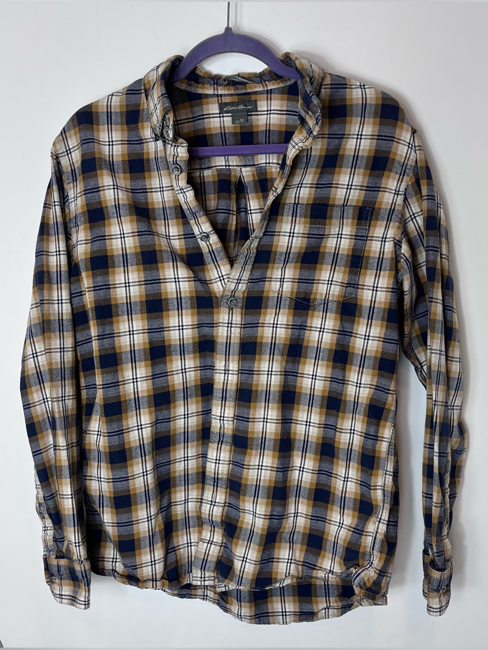 Eddie Bauer Men's Plaid Button-Down Shirt Relaxed Fit Medium Blue Mustard Yellow